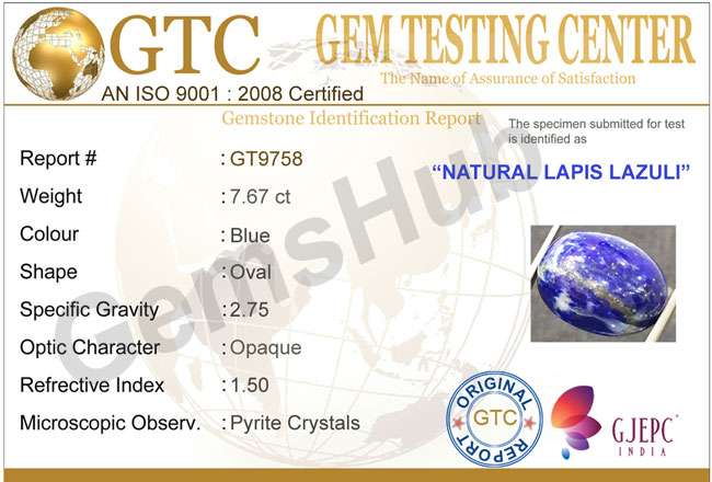 7.67 ct Natural Certified Lapis Lazuli (Lajwart)